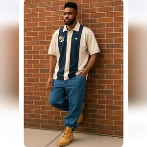 Vintage District 81 Men's Cream and Navy Blue Short Sleeve Polo Shirt Size 2XL
